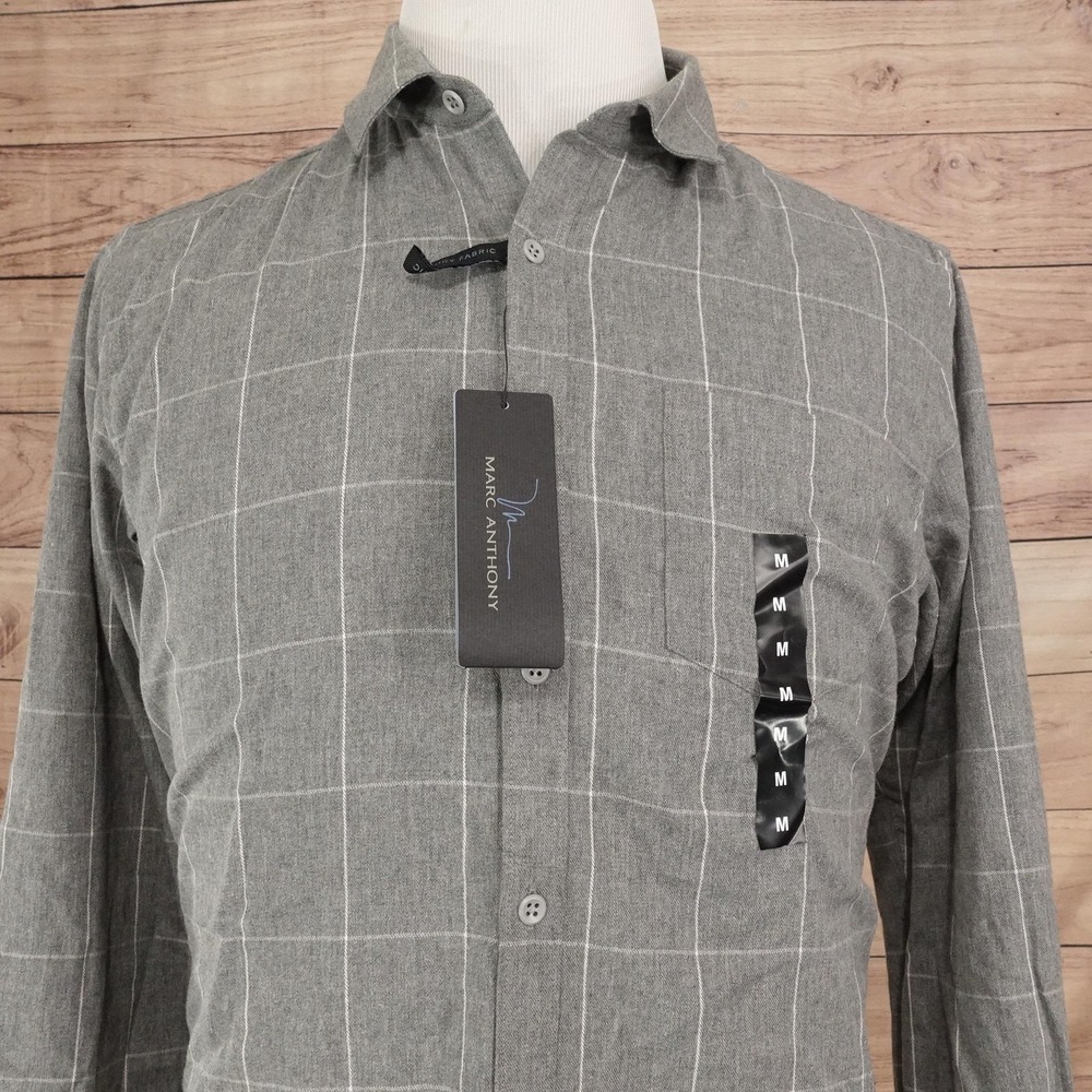 New! Marc Anthony Shirt Mens M Gray Plaid Long Sleeve Button-Up Flannel Slim Fit